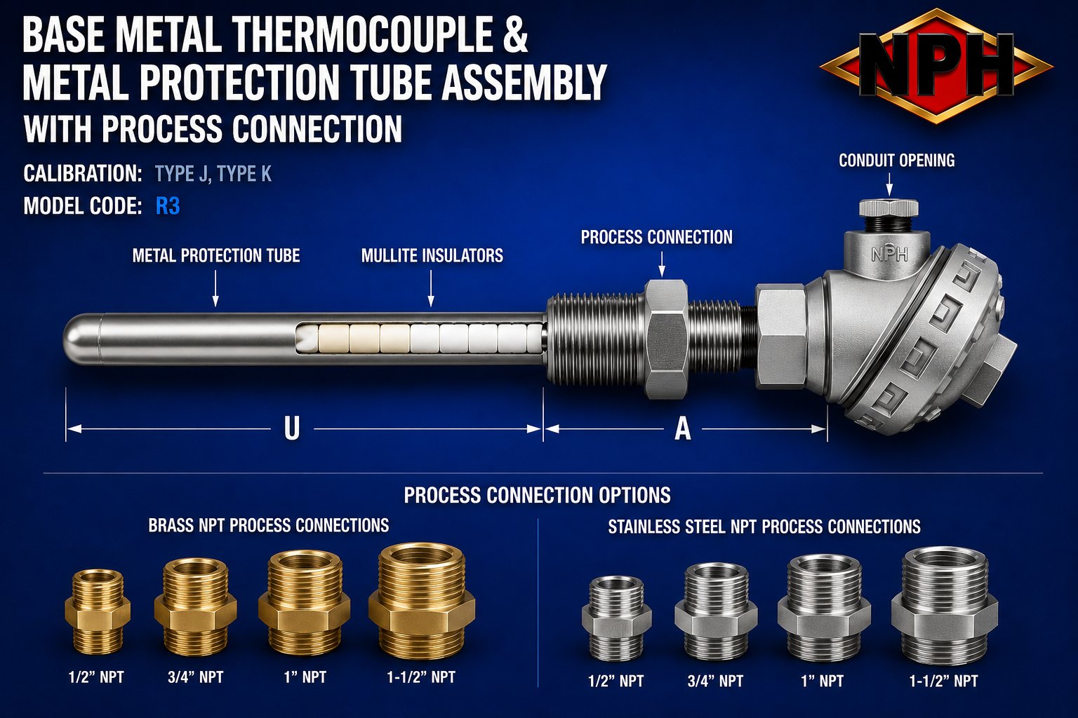 NPH Base Metal Thermocouple & Metal Protection Tube Assembly-R3